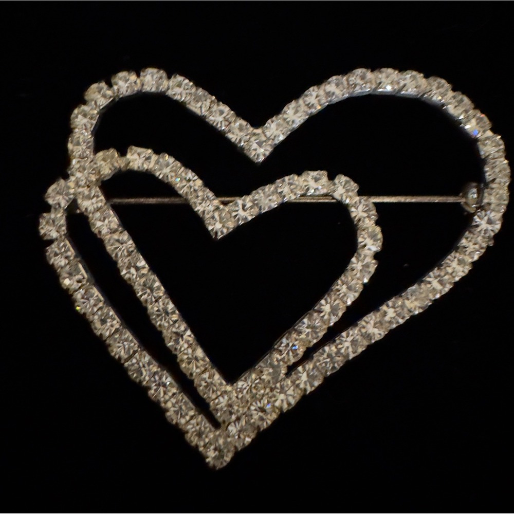 RMN Vintage Double Heart Brooch Pin 2.5" Silvertone Rhinestone Love Wedding Gift